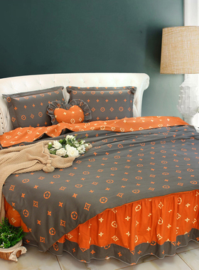 新款深灰色橘色老花纯棉大气简约花型圆床被套圆床单圆床四件套2m