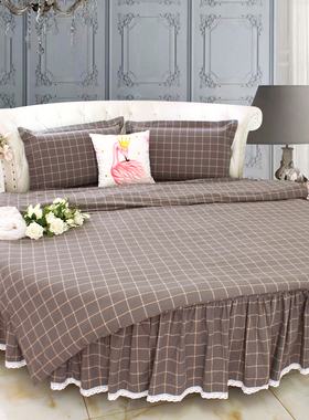 水洗棉灰色素雅格子纯棉全棉圆床四件套AB版圆床罩圆床裙圆被套2m