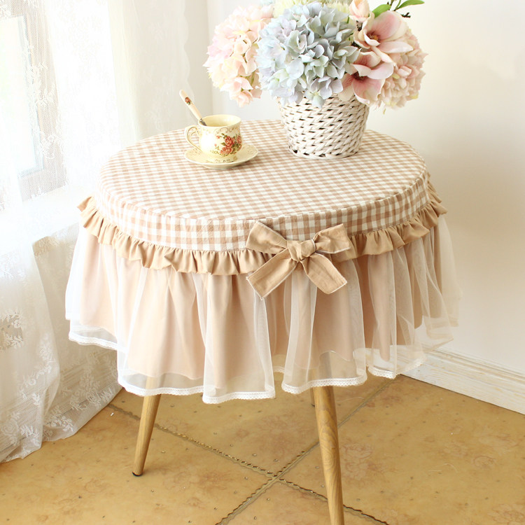 水洗棉蓝色格子小圆桌布圆形家用圆桌布茶几纯棉蕾丝圆床头柜罩