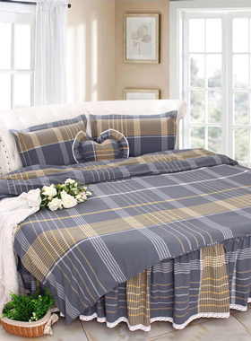 ins北欧男生房格子简约深灰色水洗棉全棉纯棉圆床四件套圆形被套