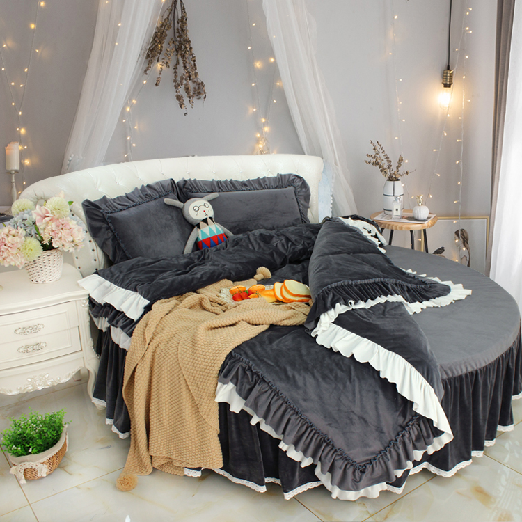 公主荷叶边水晶绒加厚圆床四件套