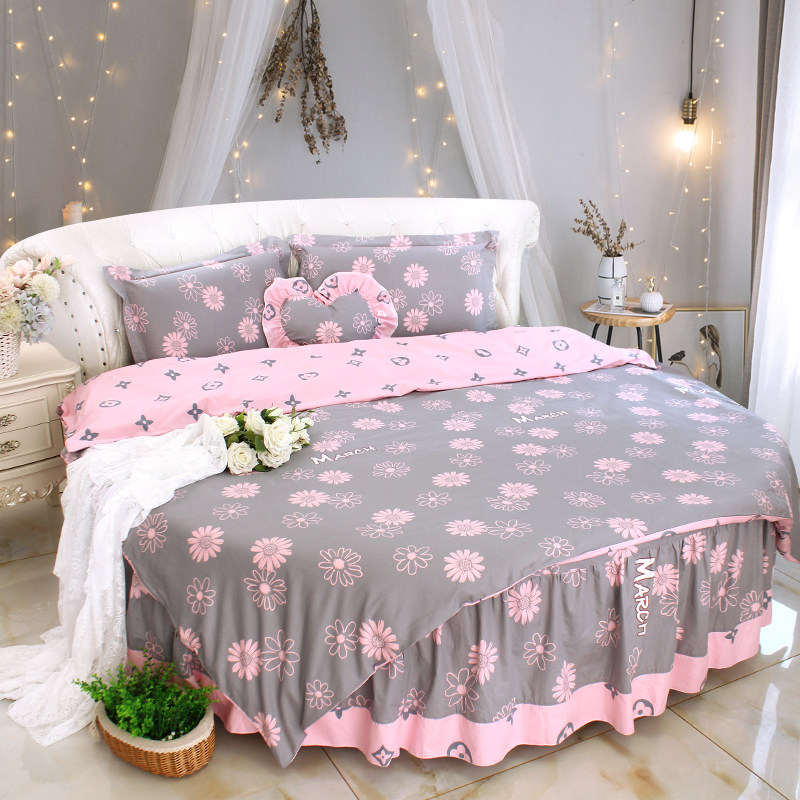 韩式灰色碎花纯棉全棉圆床四件套圆床罩床裙圆被套可定制圆床笠2m