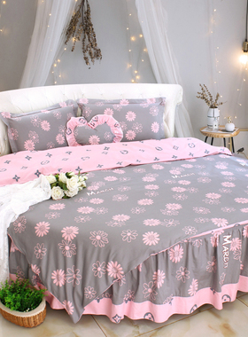 韩式灰色碎花纯棉全棉圆床四件套圆床罩床裙圆被套可定制圆床笠2m