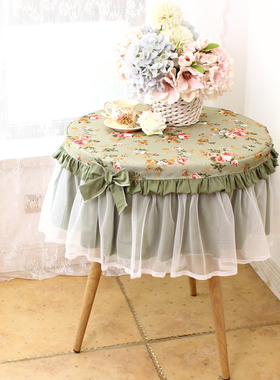 绿色花卉田园小圆桌布圆形家用圆桌布茶几纯棉蕾丝圆床头柜罩台布