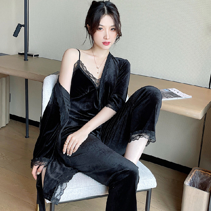 金丝绒蕾丝带胸垫睡衣女春秋冬季性感吊带长裤三件套家居服可外穿