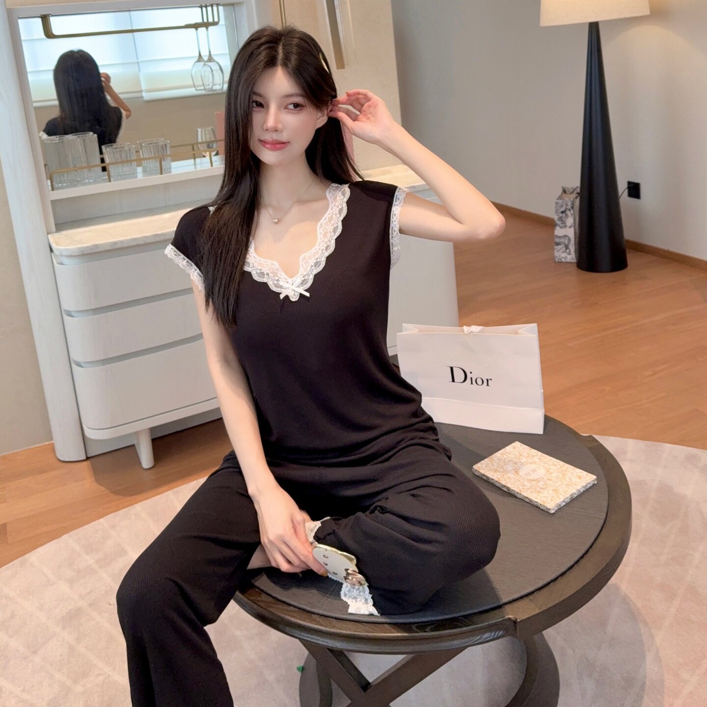 莫代尔夏季女带胸垫蕾丝睡衣
