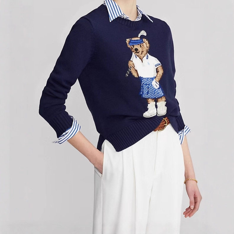 2025RL秋冬休闲小熊刺绣圆领套头纯棉针织衫成人女款长袖毛衣情侣