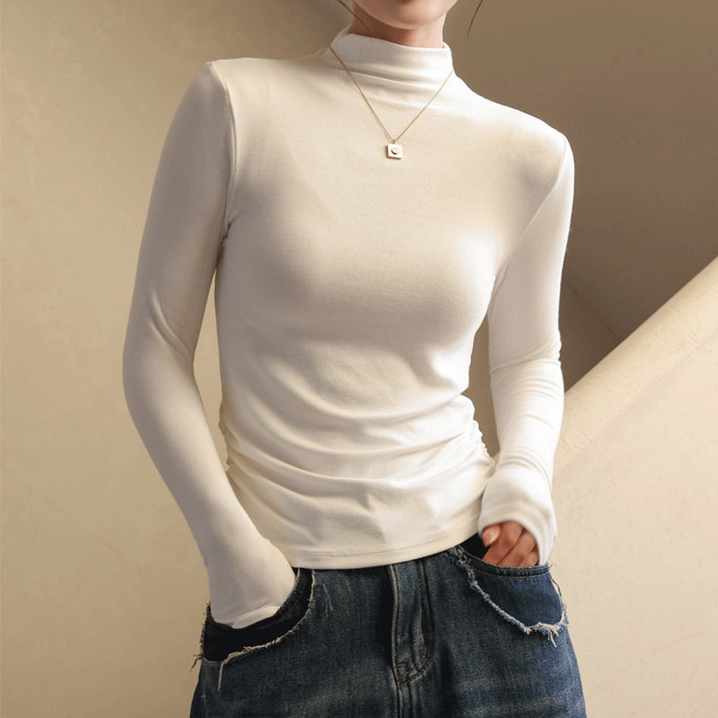 严选莫代尔打底衫女秋冬季半高领长袖t恤内搭感修身正肩上衣