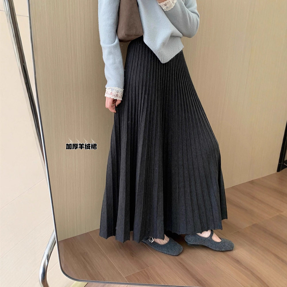 高腰显瘦羊绒加厚百褶半身裙2025秋季新款韩版百搭休闲淑女风伞裙