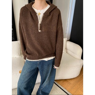 毛衣 慵懒半拉链钩花撞色休闲连帽针织衫 SN8456 老钱风穿搭 司南