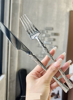 牛排餐盘刀叉套装复古树枝纹做旧高颜值304不锈钢西餐具甜品勺