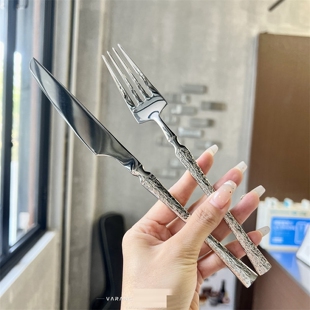 牛排餐盘刀叉套装复古树枝纹做旧高颜值304不锈钢西餐具甜品勺