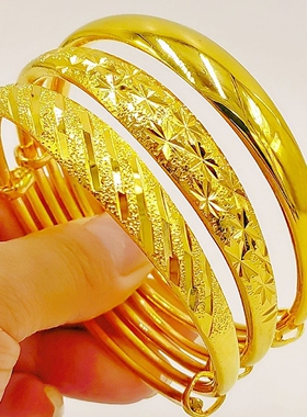 沙金手镯雕花手镯女铜镀金色首饰结婚镀金仿真仿金手镯久不掉色