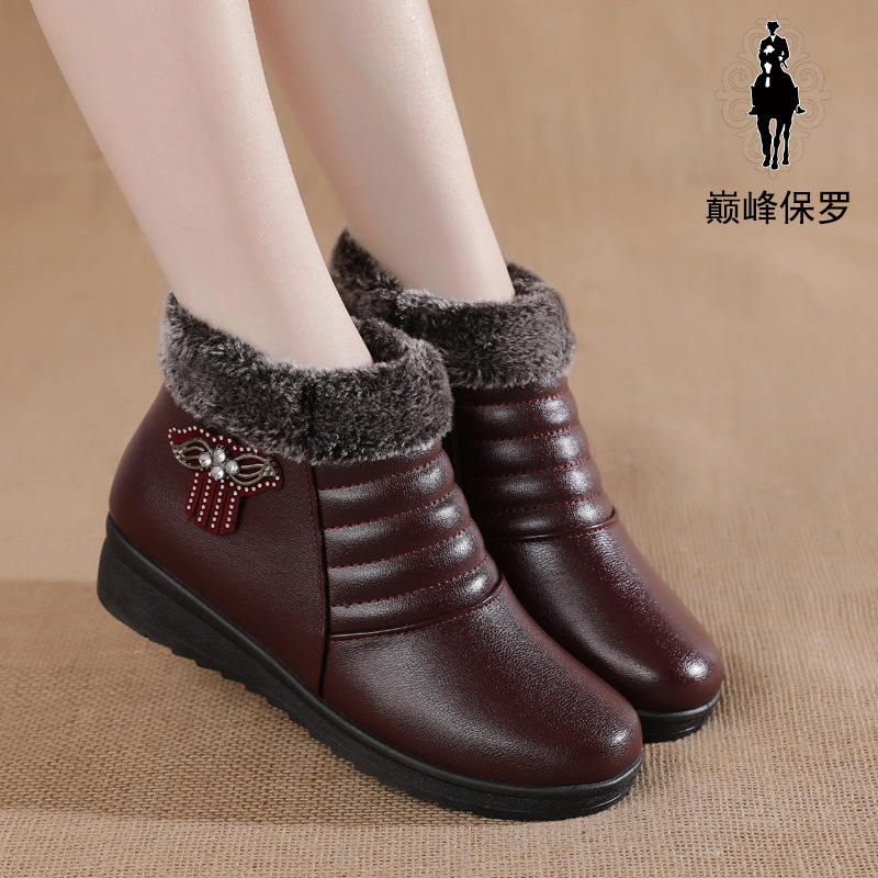 新款真皮牛皮秋季妈妈鞋中年女棉鞋舒适保暖加绒短靴女雪地靴皮鞋