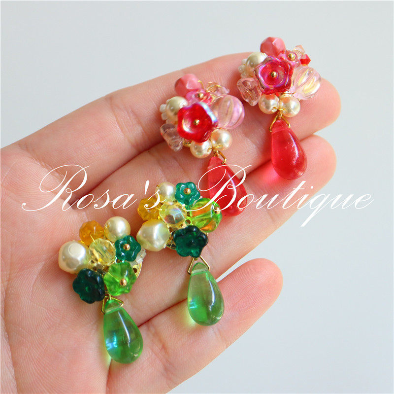 Handmade 原创手工编织串珠捷克琉璃米珠彩色花朵仿珍珠春日耳环