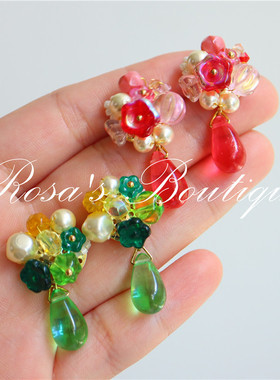 Handmade 原创手工编织串珠捷克琉璃米珠彩色花朵仿珍珠春日耳环