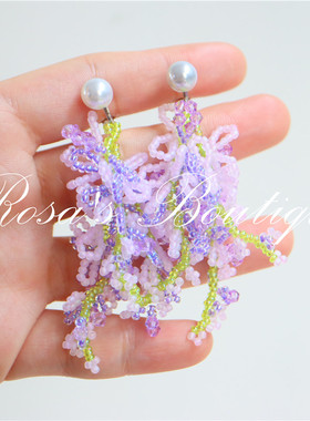 Jacaranda Handmade Beading 蓝花楹紫色藤曼仿珍珠串珠耳夹耳环