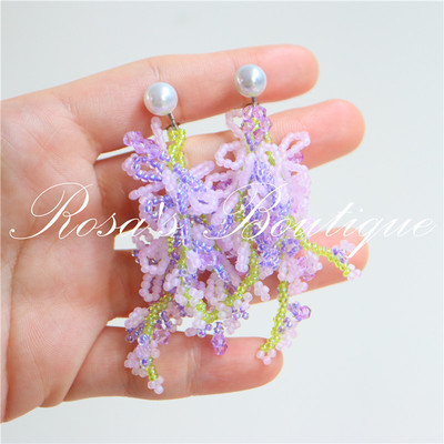 蓝花楹米珠串珠耳环耳夹