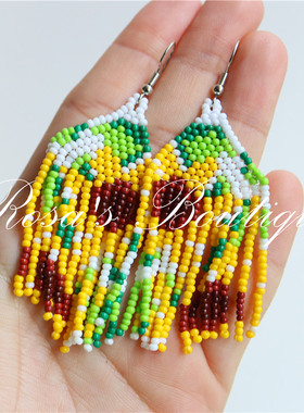 Handmade beading 手工编织夏日向日葵彩色波西米亚流苏耳环耳夹