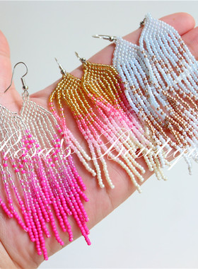 Handmade Beading 手工编织渐变彩虹波西米亚流苏米珠耳钉耳夹