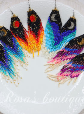 Handmade Beading 手工编织手作午夜火焰黑红流苏彩色耳环耳夹