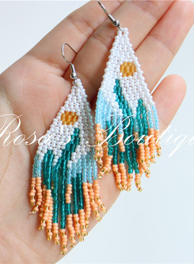 Handmade Beading 手工编织仙人掌热带流苏彩色渐变米珠耳钉耳夹