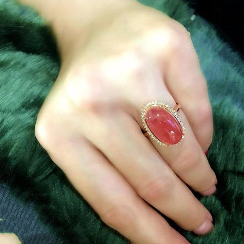 瑞铺水晶 天然冰种红纹石戒指 18K金伴钻镶嵌红纹石戒指指环女