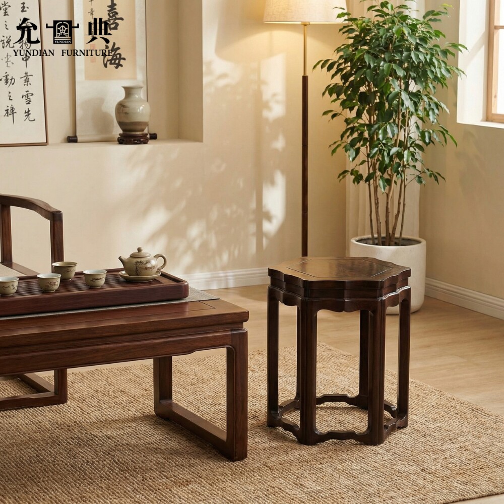 允典黑紫檀洋花六抽圆台凳圆形红木椅凳中式实木凳子家具配件