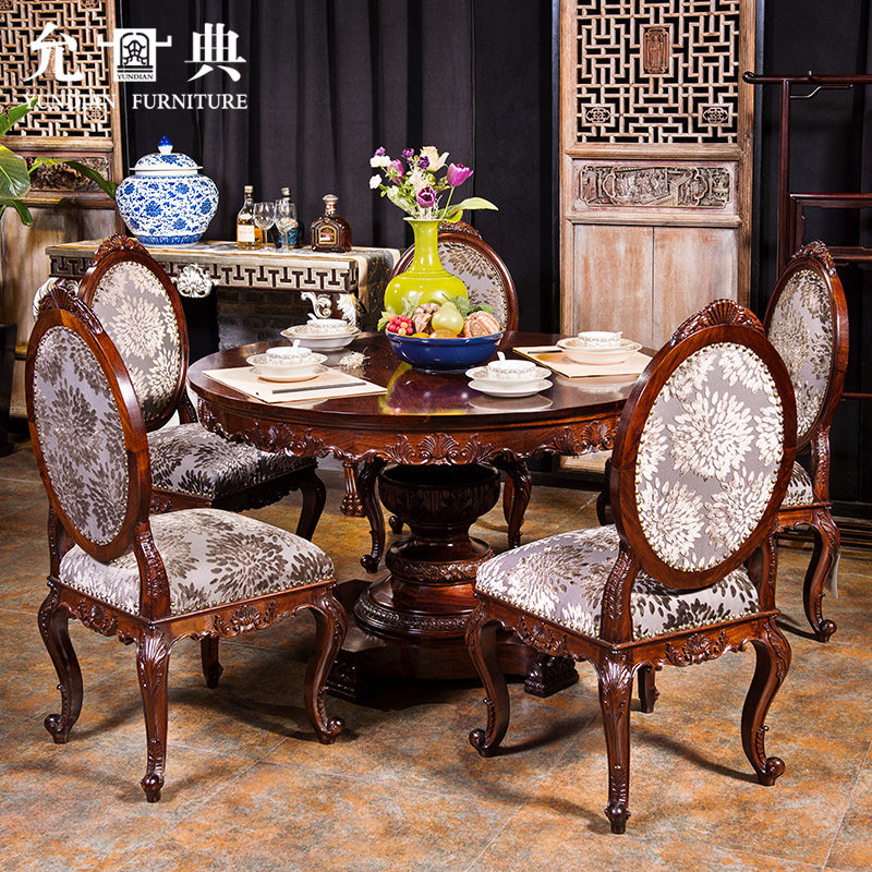 允典红木家具金车花梨花梨木刺猬紫檀达芬奇08木面圆餐台古典雕花