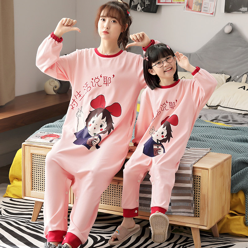 2021年新款连体睡衣亲子睡裙母女中大童少女春秋季连身哈衣可外穿