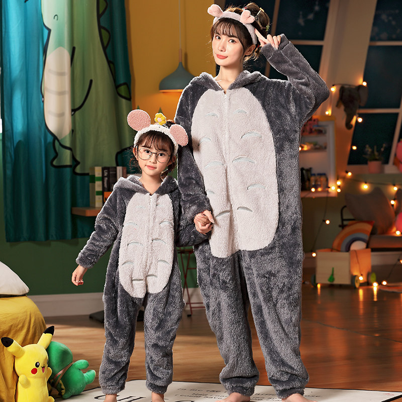 秋冬季母女装可爱卡通动漫龙猫动物连体女童亲子装加厚法兰绒睡衣