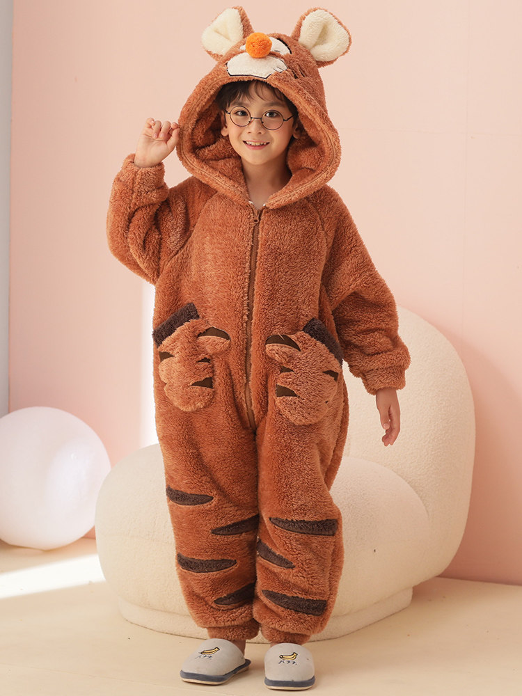 ONE-PIECE PAJAMAS CHILDRENS WINTER CORAL VELVET BOYS VELVET THICKENED FLANNEL SLEEPING BAG BOYS ANIMAL ONESIES