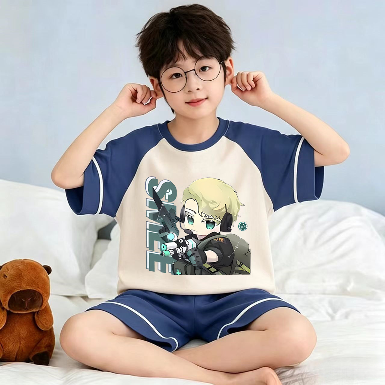 男童睡衣夏季纯棉短袖短裤套装