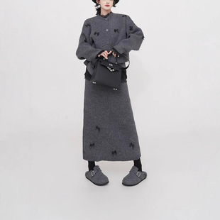 蝴蝶结加厚毛衣外套女春秋冬新款气质时尚宽松针织上衣裙子套装潮