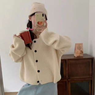 韩版简约纯色针织开衫毛衣外套女秋冬新款宽松休闲短款圆领上衣潮