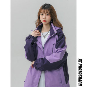 春季新款立领连帽撞色拼接情侣冲锋衣登山服夹克 JK18/P65/98图片