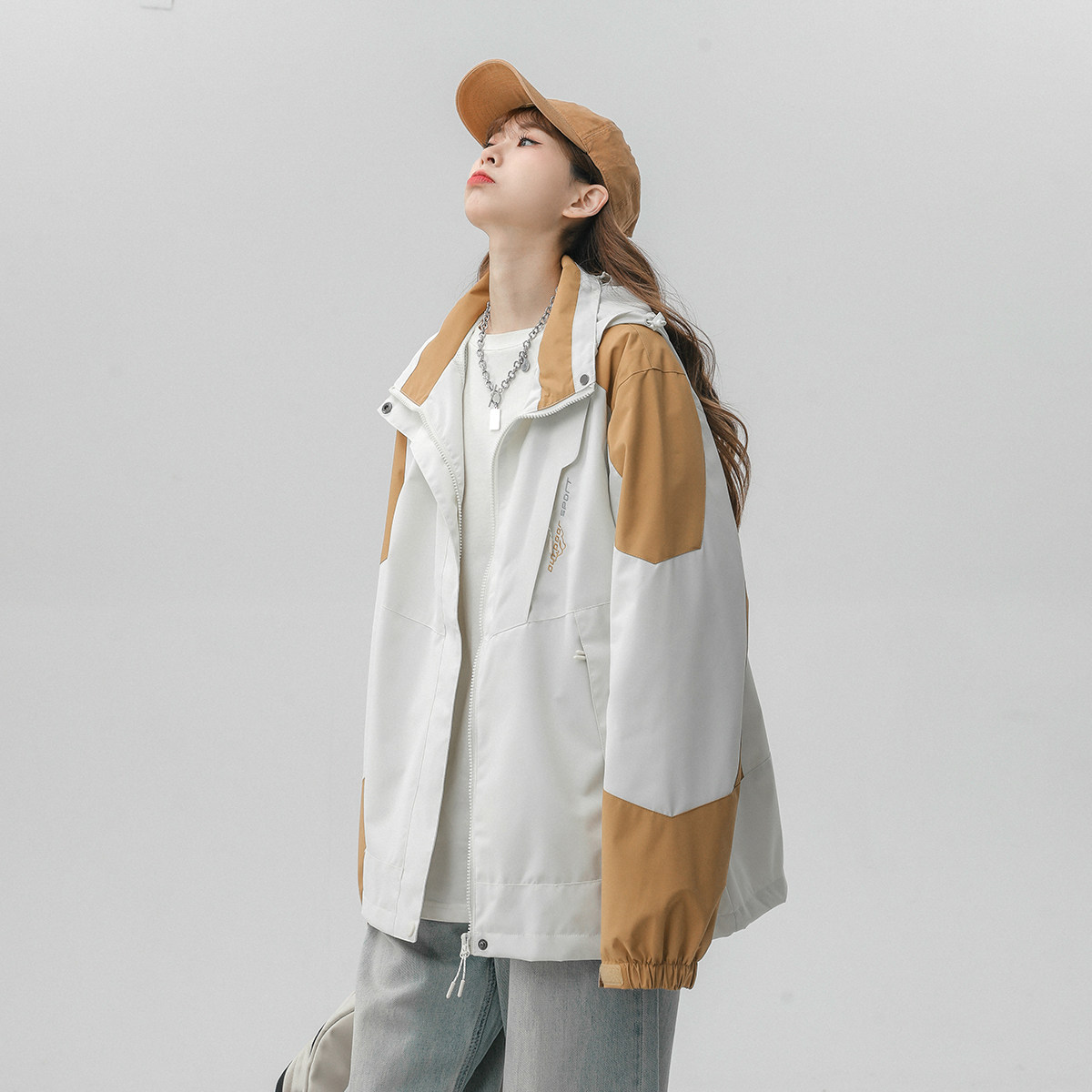 春季新款立领连帽撞色拼接情侣冲锋衣登山服夹克JK18/P65/98,男装夹克,星座202-3