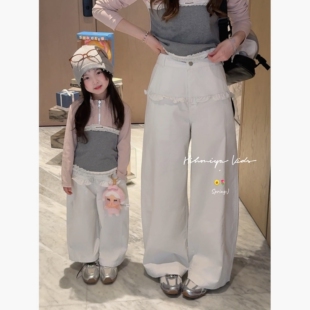 Spring韩国童装2026春季新款亲子纯色高级花边慵懒长裤女童阔腿裤
