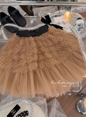 Spring韩国童装2025冬季新款宝宝高奢玫瑰提花蓬蓬纱裙女童半身裙