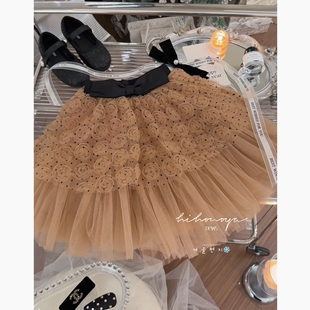 Spring韩国童装2025冬季新款宝宝高奢玫瑰提花蓬蓬纱裙女童半身裙