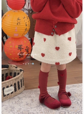 Spring韩国童装2025冬季新款宝宝复古爱心毛呢加厚夹棉女童半身裙