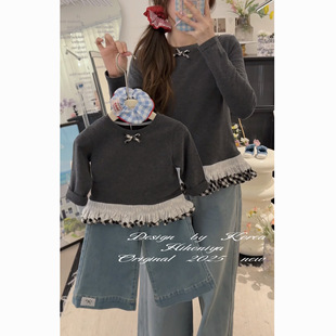 T恤女童打底衫 Spring韩国童装 长袖 亲子花边格子下摆韩版 2025春季