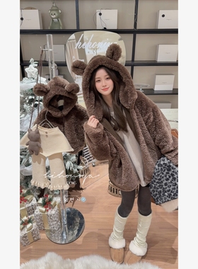 Spring韩国童装2025冬季新款亲子小熊环保托斯卡纳毛女童加厚外套