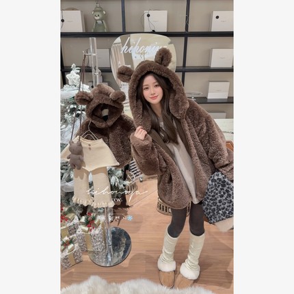 Spring韩国童装2025冬季新款亲子小熊环保托斯卡纳毛女童加厚外套