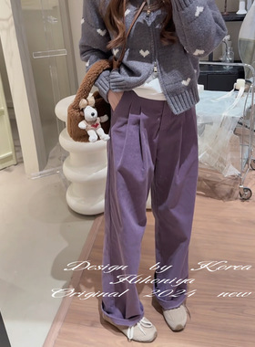 Spring韩国童装2024秋冬新款复古慵懒紫色灯芯绒韩版阔腿裤亲子款