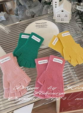 Spring韩国童装2024冬季新款纯色分指保暖毛线半指手套韩版宝宝款