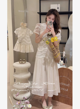 Spring韩国童装2025春夏新款亲子法式白色气质连衣裙女童休闲长裙