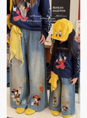 Spring韩国童装2025年秋季新款亲子卡通刺绣牛仔裤女童直筒休闲裤