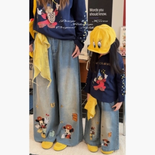 女童直筒休闲裤 Spring韩国童装 亲子卡通刺绣牛仔裤 新款 2025年秋季