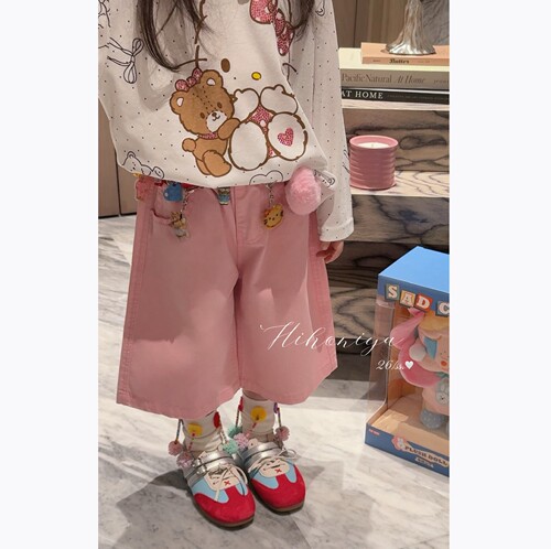 Spring韩国童装2026年夏季新款亲子甜美纯棉阔腿裤女童休闲七分裤